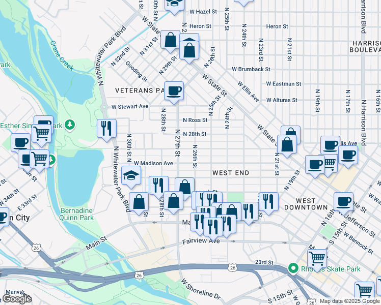 map of restaurants, bars, coffee shops, grocery stores, and more near 2607 West Pleasanton Avenue in Boise