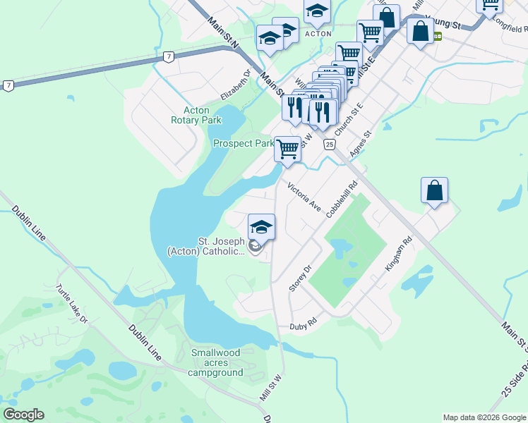 map of restaurants, bars, coffee shops, grocery stores, and more near 6 Wright Avenue in Acton