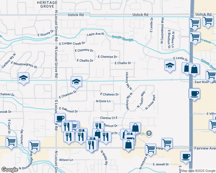 map of restaurants, bars, coffee shops, grocery stores, and more near 2235 East Katelyn Drive in Meridian