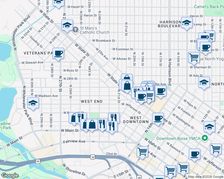 map of restaurants, bars, coffee shops, grocery stores, and more near 517 North 22nd Street in Boise