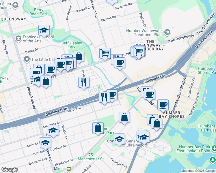 map of restaurants, bars, coffee shops, grocery stores, and more near in Toronto