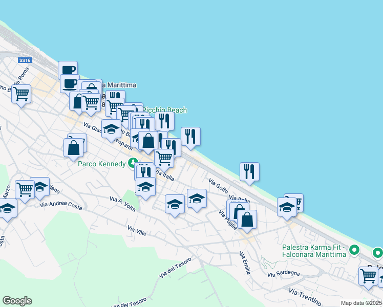 map of restaurants, bars, coffee shops, grocery stores, and more near 454 Via Flaminia in Falconara Marittima
