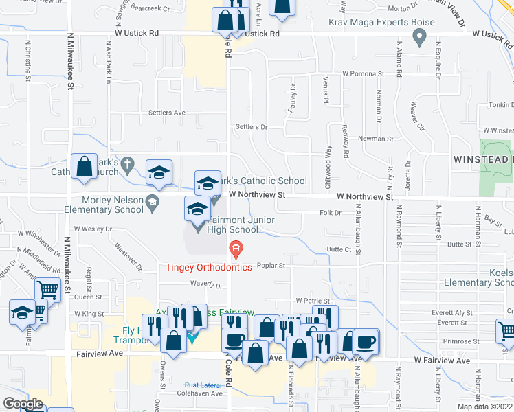 map of restaurants, bars, coffee shops, grocery stores, and more near 7230 El Caballo Drive in Boise