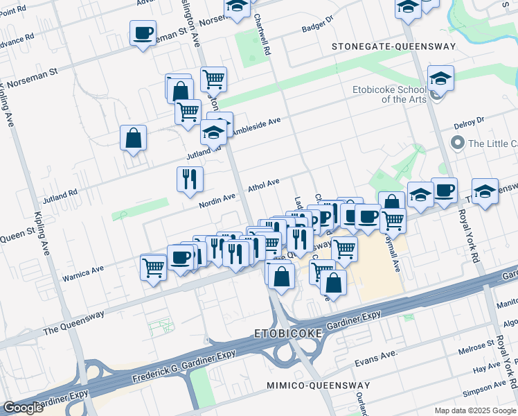 map of restaurants, bars, coffee shops, grocery stores, and more near 42 Rothsay Avenue in Toronto