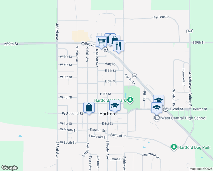 map of restaurants, bars, coffee shops, grocery stores, and more near 203 East 5th Street in Hartford