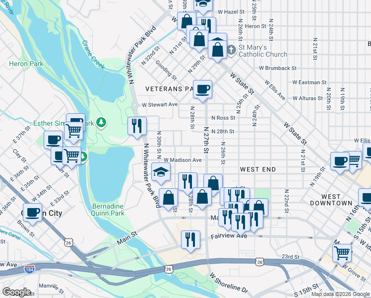 map of restaurants, bars, coffee shops, grocery stores, and more near 2815 West Pleasanton Avenue in Boise