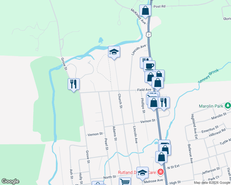 map of restaurants, bars, coffee shops, grocery stores, and more near 46 Field Avenue in Rutland
