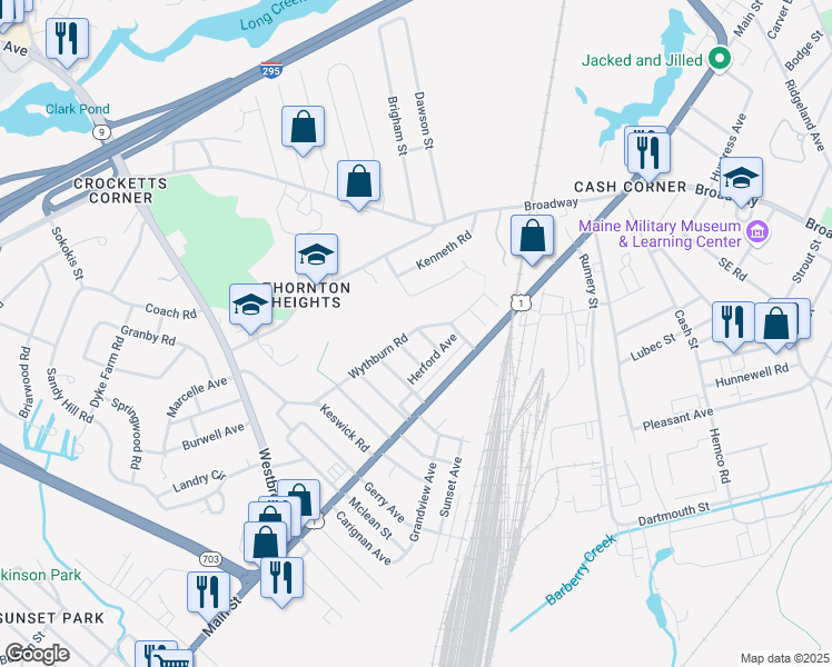 map of restaurants, bars, coffee shops, grocery stores, and more near 102 Wythburn Road in South Portland