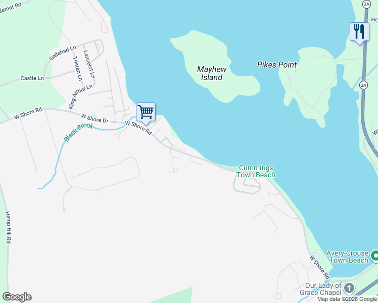 map of restaurants, bars, coffee shops, grocery stores, and more near 210 West Shore Road in Bristol