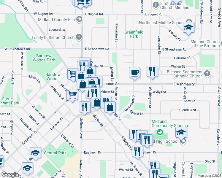 map of restaurants, bars, coffee shops, grocery stores, and more near 323 Edwin Street in Midland