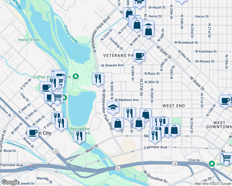 map of restaurants, bars, coffee shops, grocery stores, and more near 2911 West Pleasanton Avenue in Boise