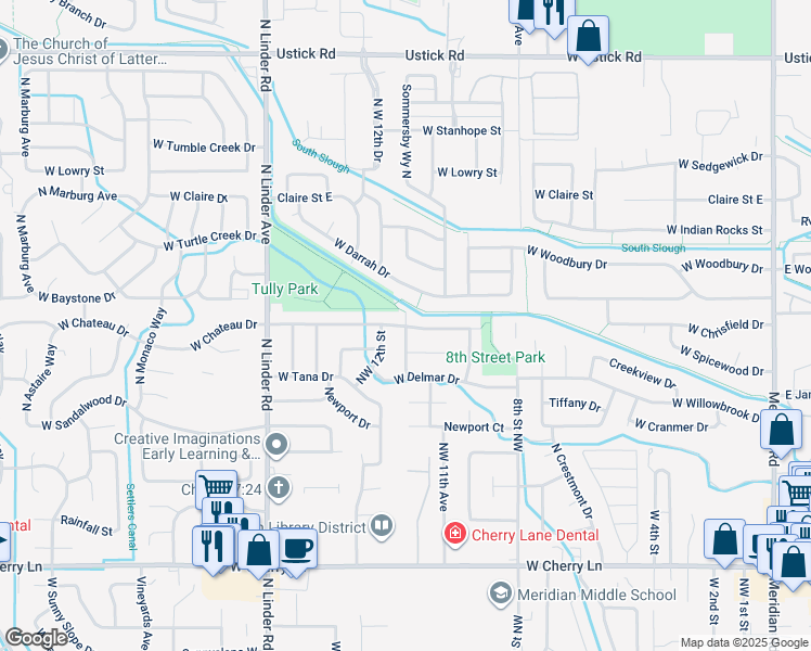 map of restaurants, bars, coffee shops, grocery stores, and more near 1100 Chateau Drive in Meridian