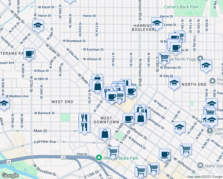 map of restaurants, bars, coffee shops, grocery stores, and more near 1822 West Washington Street in Boise