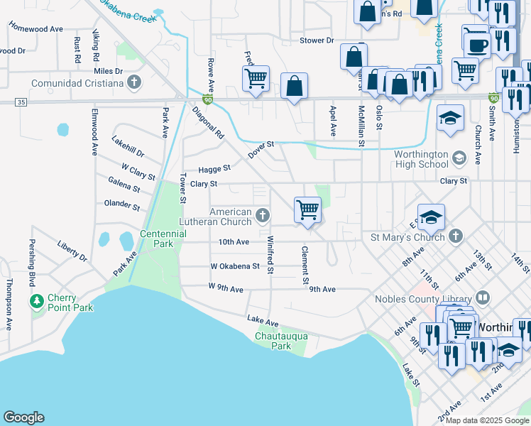 map of restaurants, bars, coffee shops, grocery stores, and more near in Worthington