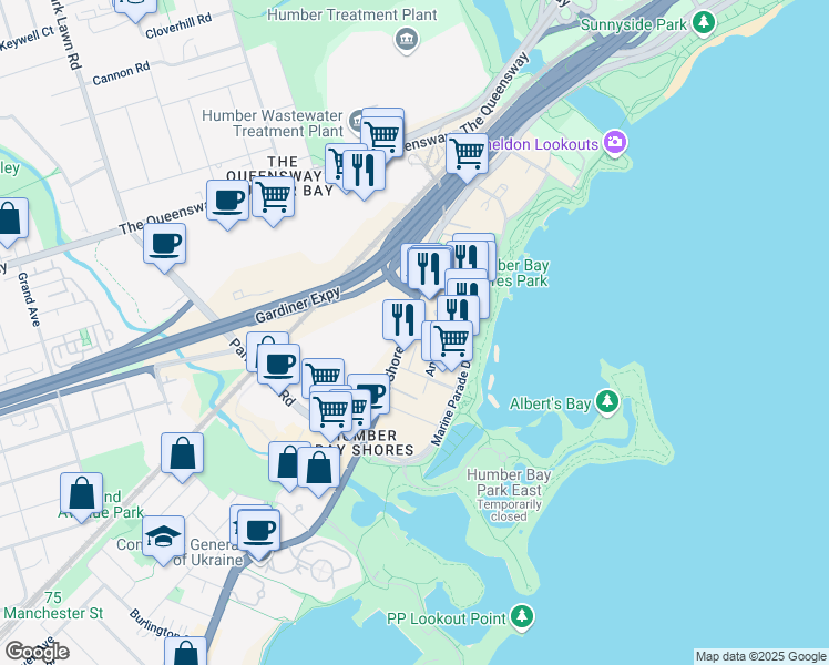 map of restaurants, bars, coffee shops, grocery stores, and more near 2143 Lake Shore Boulevard West in Toronto
