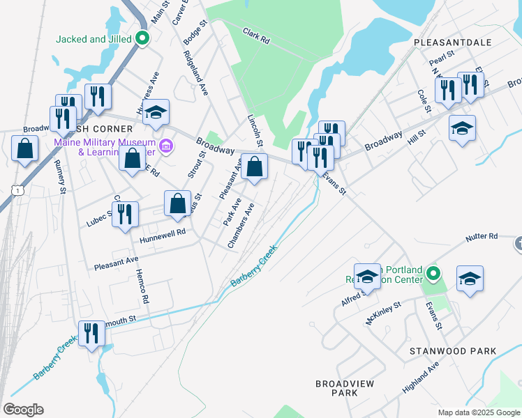 map of restaurants, bars, coffee shops, grocery stores, and more near 51 Bowdoin Avenue in South Portland