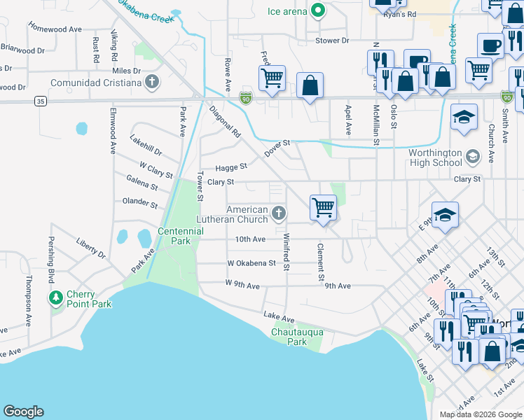 map of restaurants, bars, coffee shops, grocery stores, and more near 311 West 11th Avenue in Worthington