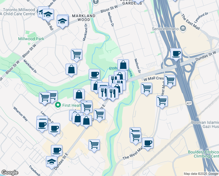 map of restaurants, bars, coffee shops, grocery stores, and more near 2171 Dundas Street East in Mississauga