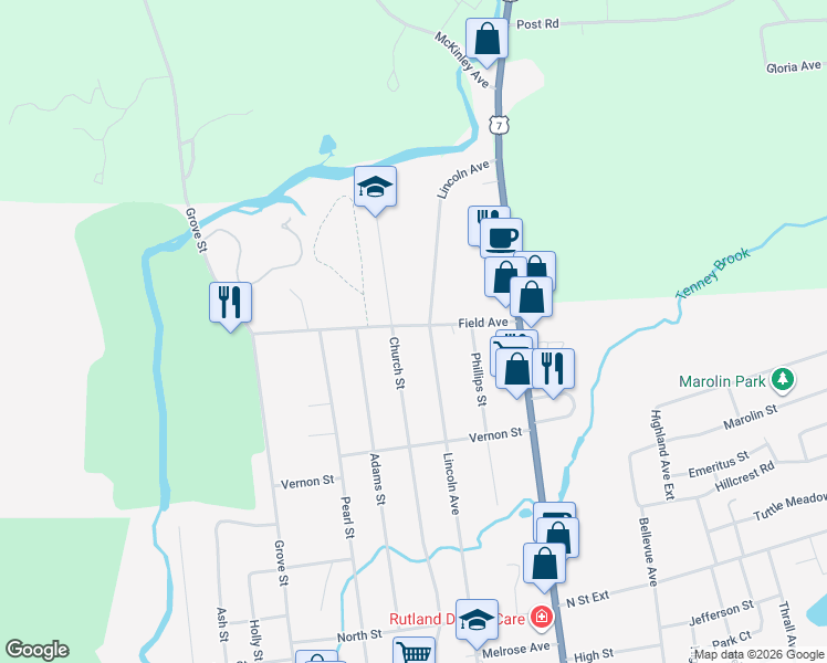 map of restaurants, bars, coffee shops, grocery stores, and more near 32 Field Avenue in Rutland