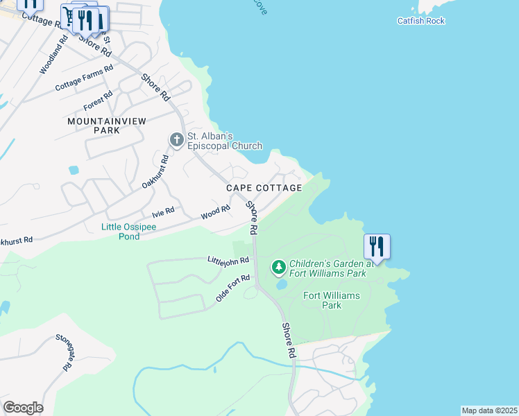 map of restaurants, bars, coffee shops, grocery stores, and more near 974 Shore Road in Cape Elizabeth