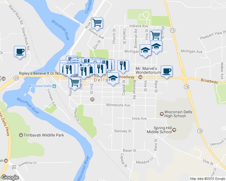 map of restaurants, bars, coffee shops, grocery stores, and more near 708 Church Street in Wisconsin Dells
