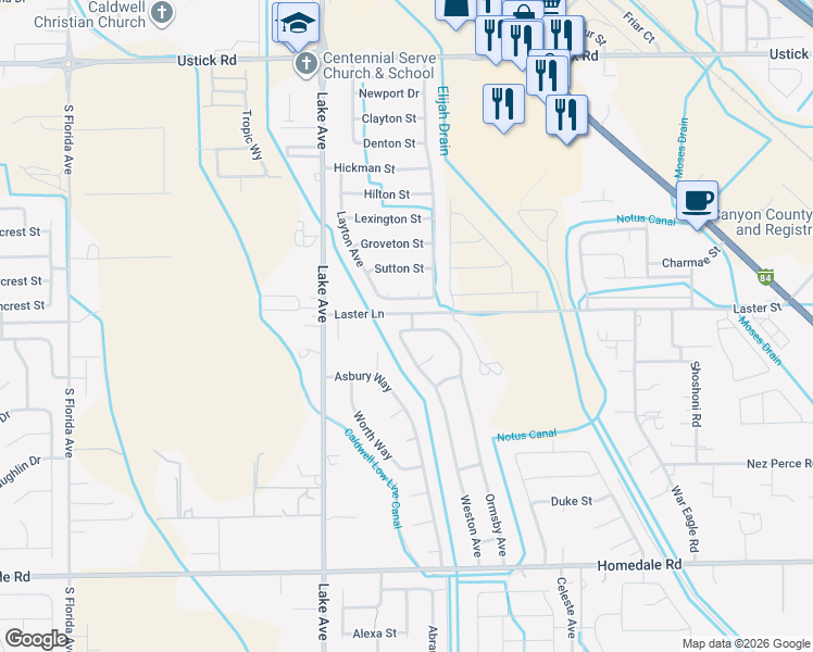 map of restaurants, bars, coffee shops, grocery stores, and more near 4004 North Abbott Street in Caldwell