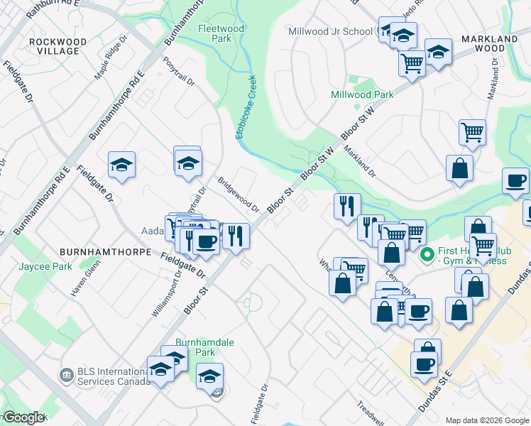 map of restaurants, bars, coffee shops, grocery stores, and more near 1855 Bloor Street in Mississauga
