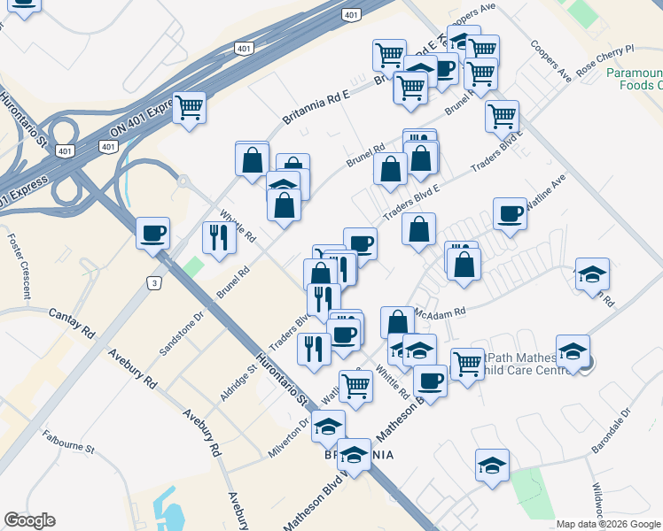 map of restaurants, bars, coffee shops, grocery stores, and more near 145 Traders Boulevard East in Mississauga