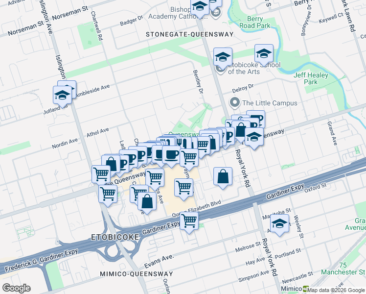 map of restaurants, bars, coffee shops, grocery stores, and more near 7 Smith Crescent in Toronto