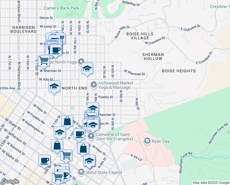 map of restaurants, bars, coffee shops, grocery stores, and more near 506 Pueblo Street in Boise