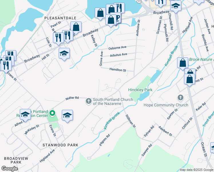 map of restaurants, bars, coffee shops, grocery stores, and more near 34 Bayberry Way in South Portland