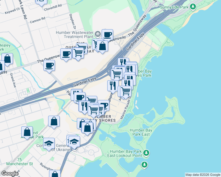 map of restaurants, bars, coffee shops, grocery stores, and more near 5 Marine Parade Drive in Toronto