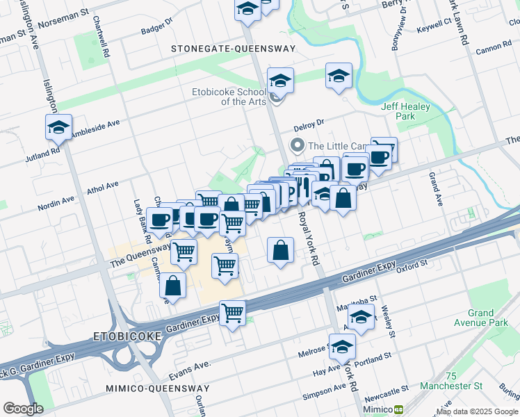 map of restaurants, bars, coffee shops, grocery stores, and more near in Toronto
