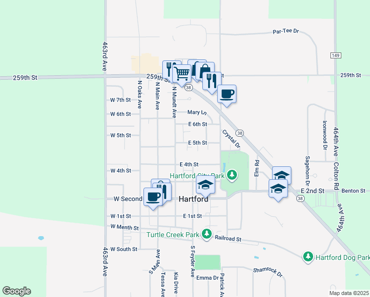 map of restaurants, bars, coffee shops, grocery stores, and more near 203 East 5th Street in Hartford