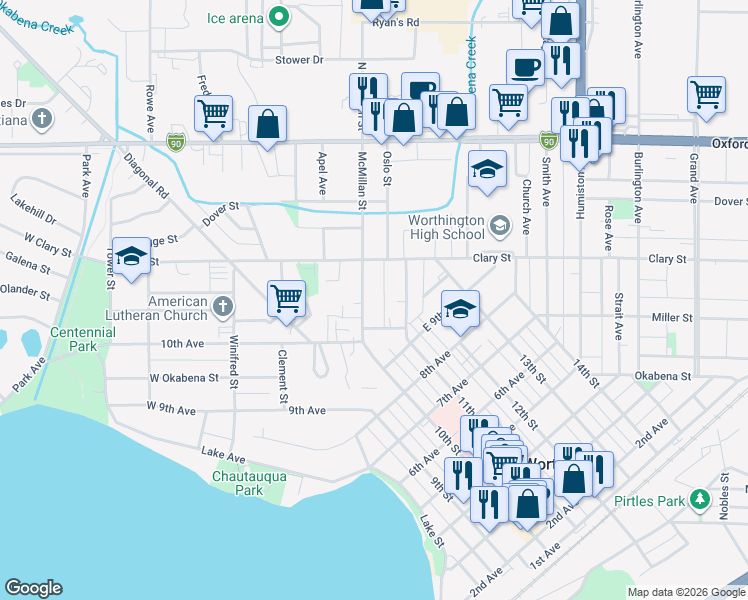 map of restaurants, bars, coffee shops, grocery stores, and more near 912 McMillan Street in Worthington