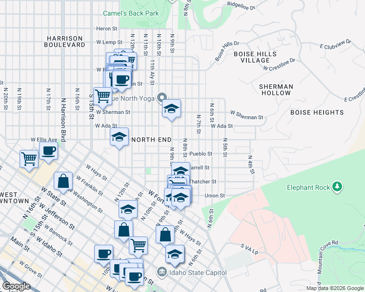 map of restaurants, bars, coffee shops, grocery stores, and more near 1304 North 8th Street in Boise