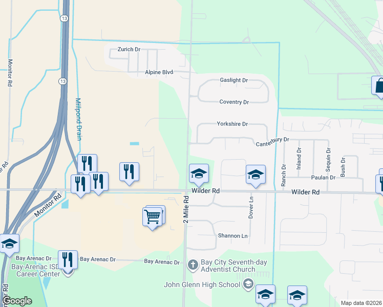 map of restaurants, bars, coffee shops, grocery stores, and more near 3921 2 Mile Road in Bay City