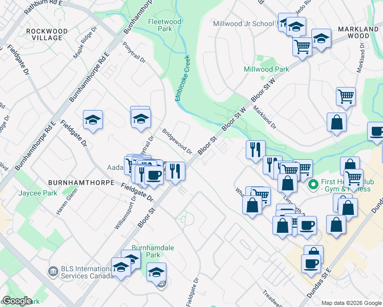 map of restaurants, bars, coffee shops, grocery stores, and more near 1867 Bridgewood Drive in Mississauga