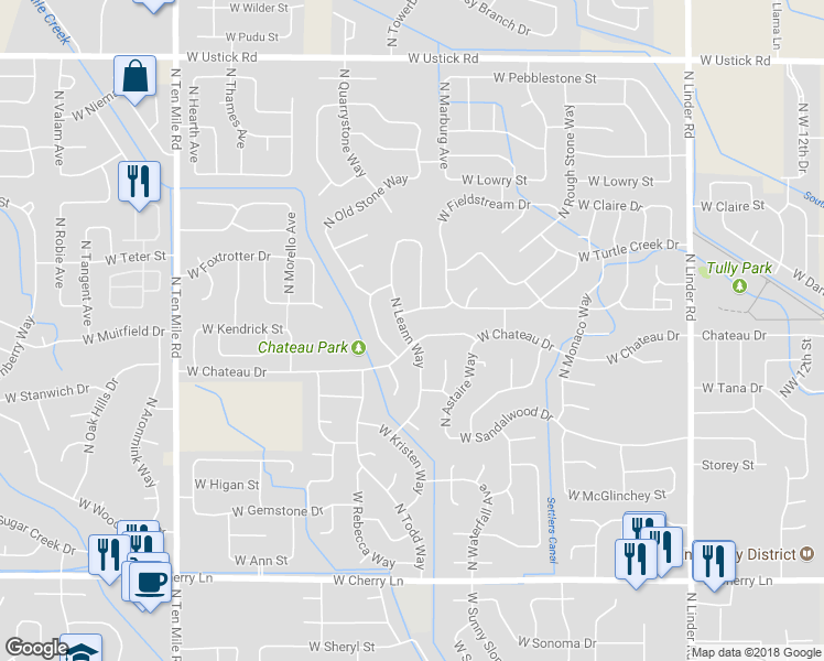map of restaurants, bars, coffee shops, grocery stores, and more near 2380 North Leann Way in Meridian