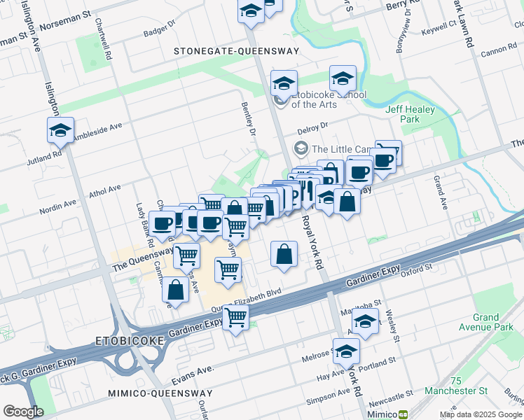 map of restaurants, bars, coffee shops, grocery stores, and more near 7 Smith Crescent in Toronto