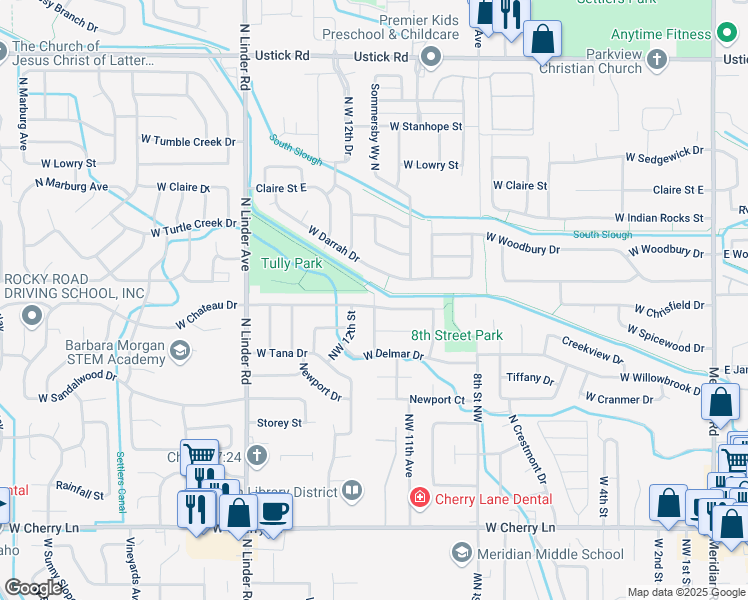 map of restaurants, bars, coffee shops, grocery stores, and more near 1100 Chateau Drive in Meridian
