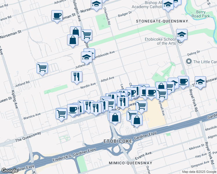 map of restaurants, bars, coffee shops, grocery stores, and more near 43 Rothsay Avenue in Toronto
