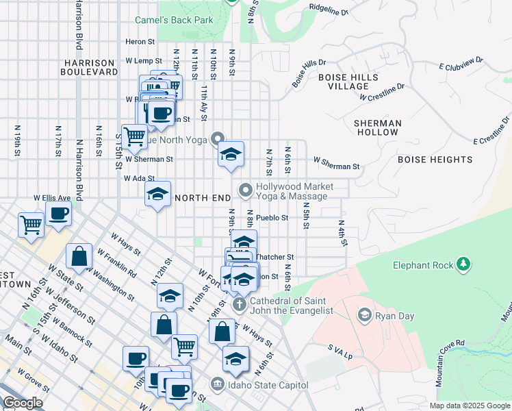 map of restaurants, bars, coffee shops, grocery stores, and more near 1304 North 8th Street in Boise