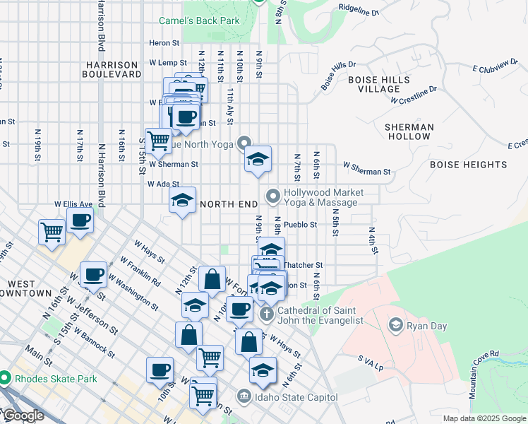 map of restaurants, bars, coffee shops, grocery stores, and more near 902 Pueblo Street in Boise