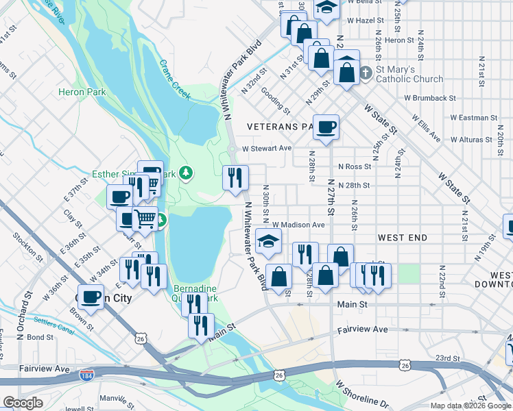 map of restaurants, bars, coffee shops, grocery stores, and more near 3019 West Pleasanton Avenue in Boise