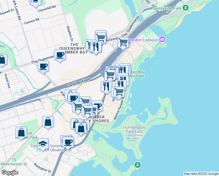 map of restaurants, bars, coffee shops, grocery stores, and more near 2143 Lake Shore Boulevard West in Toronto