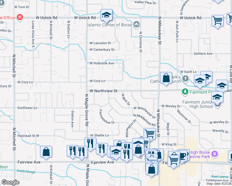 map of restaurants, bars, coffee shops, grocery stores, and more near 8710 West Winchester Drive in Boise