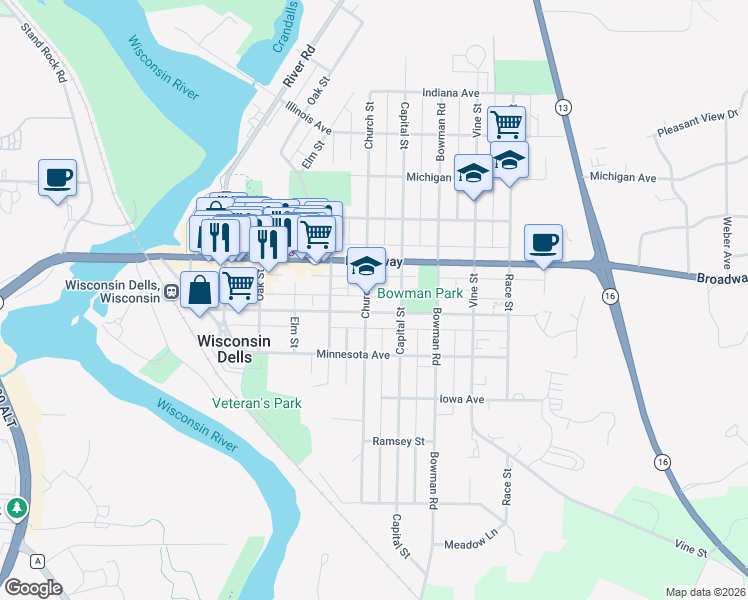 map of restaurants, bars, coffee shops, grocery stores, and more near 708 Church Street in Wisconsin Dells