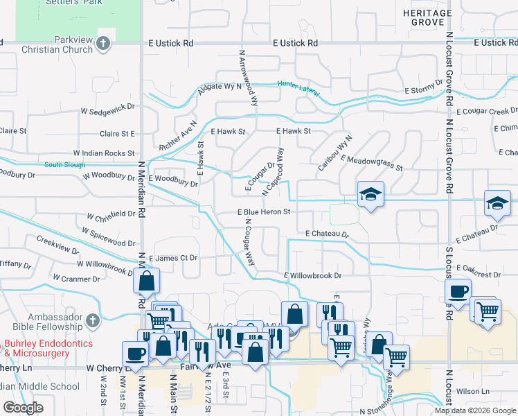 map of restaurants, bars, coffee shops, grocery stores, and more near 587 East Blue Heron Street in Meridian