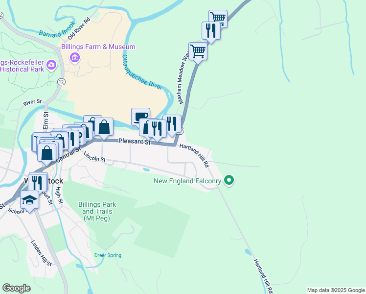 map of restaurants, bars, coffee shops, grocery stores, and more near 72 Pleasant Street in Woodstock